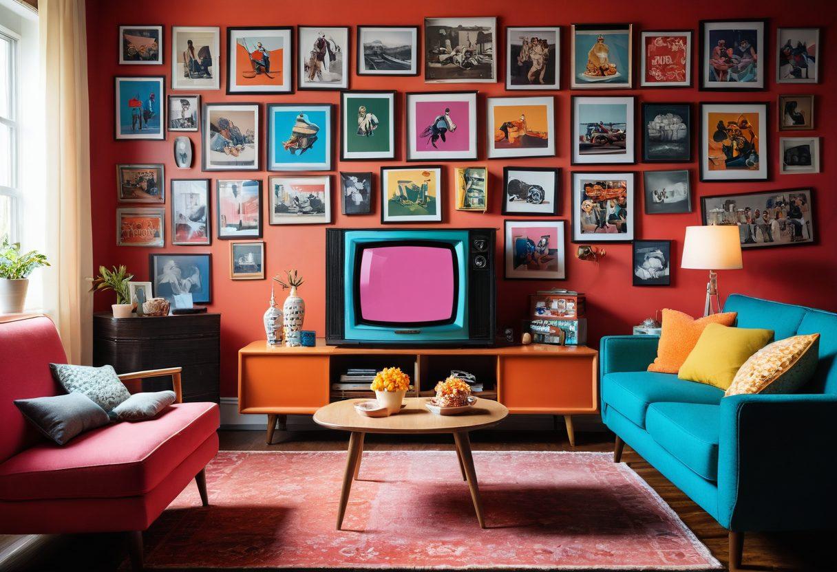 A whimsical, retro-style living room with colorful, vintage tiny TVs showing various short format videos. The scene features a cozy couch surrounded by playful elements like popcorn bowls and animated cinema posters. Bright, bold colors illustrate the impact of tiny screens on entertainment culture. Include a split-screen effect displaying the evolution of video content over time. vibrant colors. retro art.