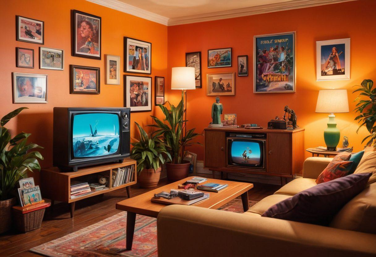 A cozy living room setting featuring a tiny vintage television playing a colorful array of classic pop culture scenes, surrounded by various iconic memorabilia like action figures and movie posters. A warm glow emanates from the TV, creating a nostalgic atmosphere. Elements that represent different genres such as comedy, drama, and sci-fi subtly integrated into the background. The overall feel should be inviting and fun, capturing the essence of diverse small-screen entertainment. vibrant colors. cozy illustration.