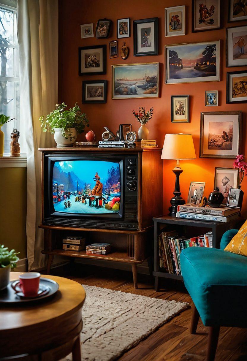 A cozy living room setting featuring a vintage tiny TV displaying vibrant scenes from various niche entertainment genres, surrounded by quirky decor and colorful knick-knacks. The lighting should be warm, creating an inviting ambiance. Include a person excitedly engaging with the TV while snacks are scattered around. super-realistic. vibrant colors. cozy atmosphere.